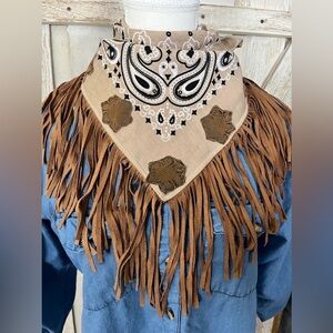 Upcycled Embellished Tan Floral & Fringe Bandana